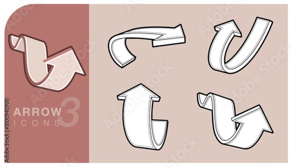 Fototapeta 3D curved arrow icons set minimal style. Clean lines and modern design. Perfect for web interfaces, infographics, direction signs, and digital presentations. Vector illustration.