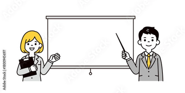 Obraz スクリーンと、ポインターで説明するスーツ姿の若い男性と女性の上半身ベクターイラスト素材