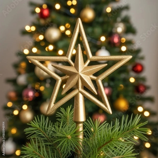 Fototapeta Bright Golden Star Christmas Tree Topper with Warm Holiday Light