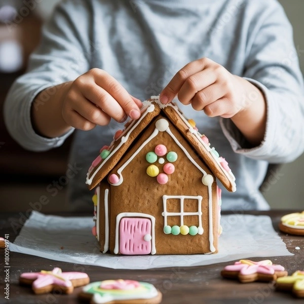Obraz Child's Hands Decorating a Festive Gingerbread House with Sweet