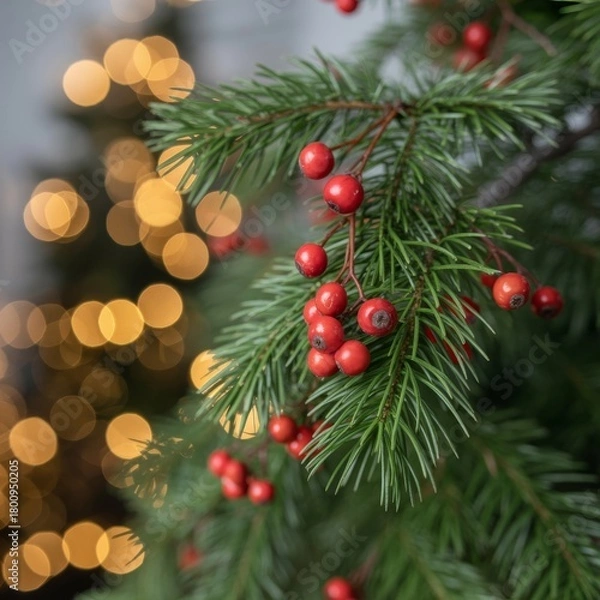 Fototapeta Christmas Fir Branch with Red Berries and Golden Bokeh Lights. F