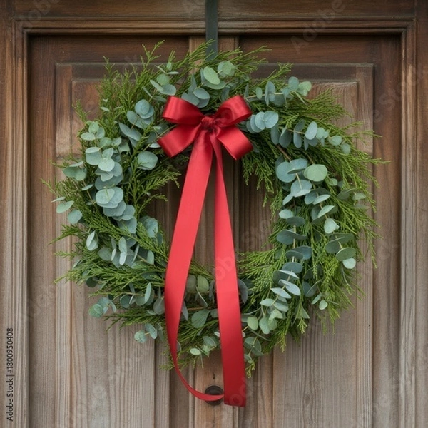 Fototapeta Christmas Wreath with Red Bow and Eucalyptus on a Wooden Door. F