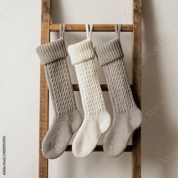 Fototapeta Cozy Knitted Christmas Stockings Hanging on Rustic Wooden Ladder