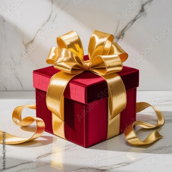Fototapeta Elegant Red Gift Box with Golden Bow on White Marble Background,