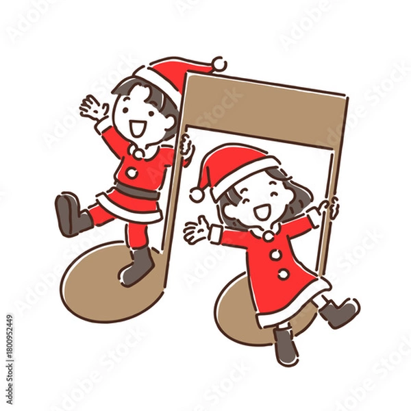 Fototapeta サンタクロース姿で音符に乗って手を振っている男の子と女の子