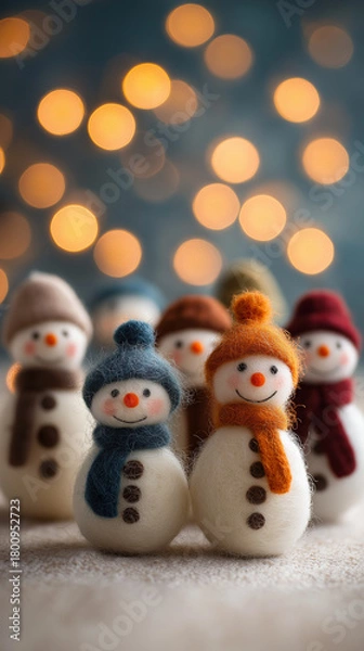 Fototapeta Mini snowmen with golden bokeh and text space vertical