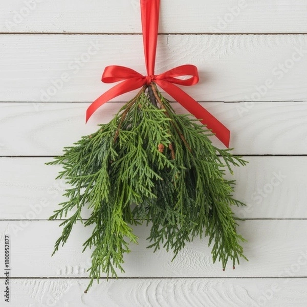 Fototapeta Festive Holiday Cedar Branch Decoration with Red Bow on Rustic W