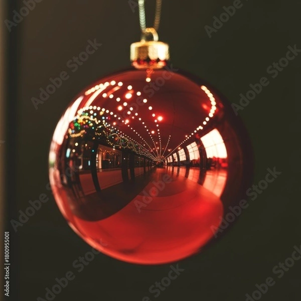 Obraz Red Christmas Ornament Reflecting a Brightly Lit Modern Corridor