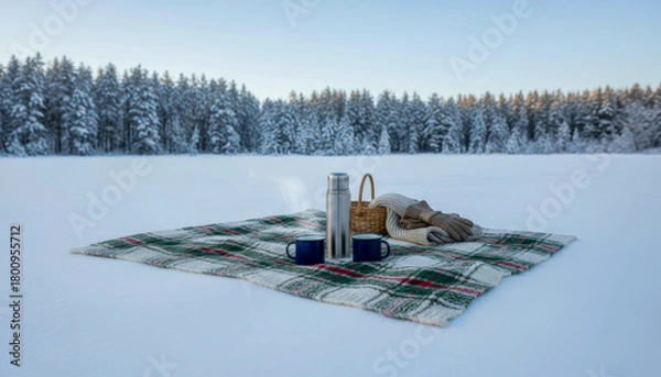 Fototapeta Cozy winter picnic set up on a snow-covered field with a thermos, mugs, and blanket near a forest.
