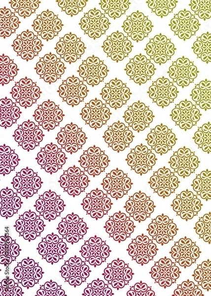 Fototapeta A pattern of flower-like designs repeats diagonally across a white background. The colors gradient from red/purple to orange to green, creating a visually interesting texture.