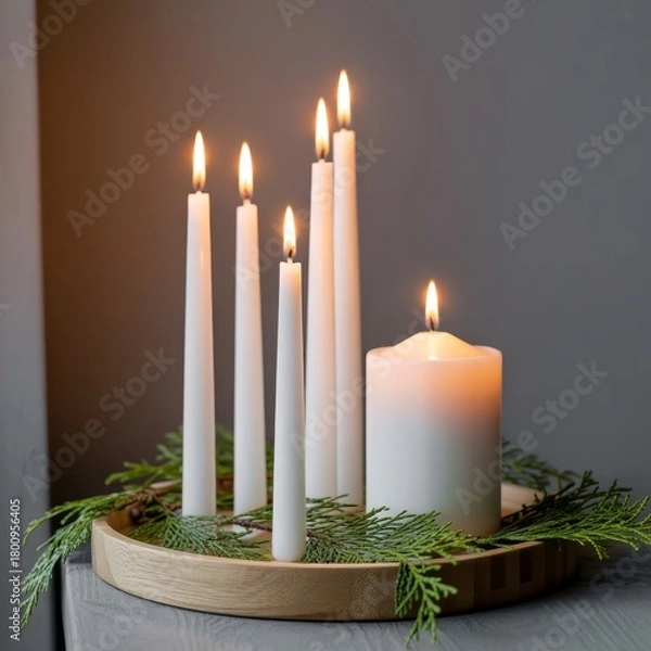 Fototapeta Warm and elegant holiday centerpiece with multiple lit white can