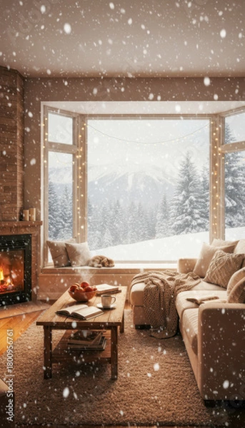 Obraz Cozy winter living room with warm fireplace and sleeping cat by the window, watching snow fall over mountains