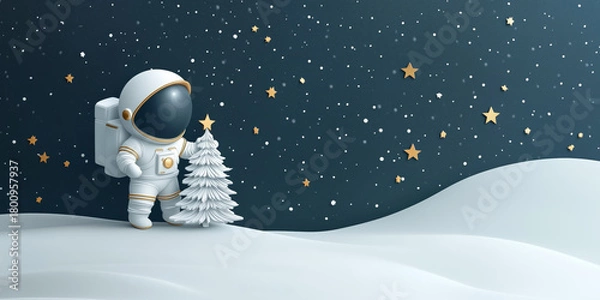 Obraz Astronaut and Christmas tree in snow on winter landscape background. Minimal modern holiday illustration for Christmas and New Year