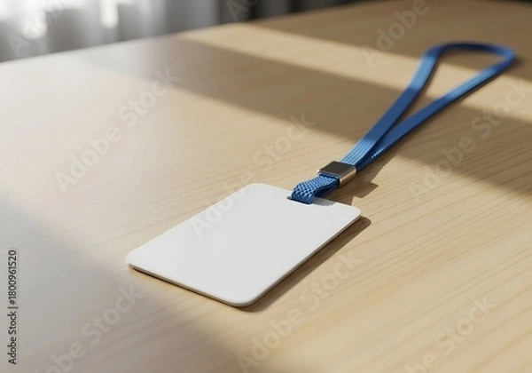 Obraz A blank white identification card with a blue lanyard rests on a wooden table, casting a shadow