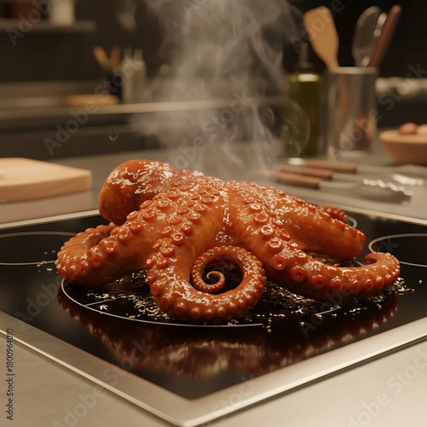 Obraz A succulent whole octopus sizzling on a modern black induction cooktop, with steam rising from the gourmet seafood delicacy as it cooks