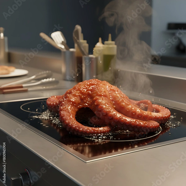 Obraz Gourmet preparation of a whole octopus sizzling on a modern induction hob, steam rising in a professional kitchen setting