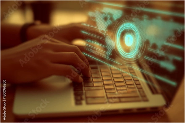 Fototapeta A person is typing on a laptop, displaying a digital interface with a globe and security features, representing technology and cybersecurity.