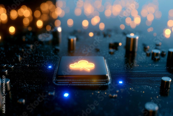 Fototapeta A close-up view of a microchip illuminated with a glowing icon, surrounded by a circuit board and soft bokeh lights in the background.
