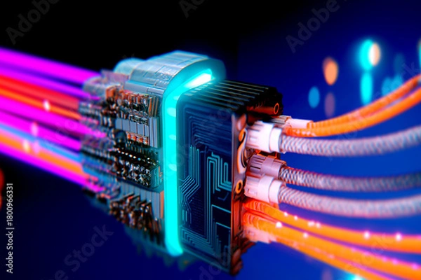 Fototapeta A vibrant, futuristic depiction of a circuit board with glowing connections, showcasing advanced technology and digital innovation.