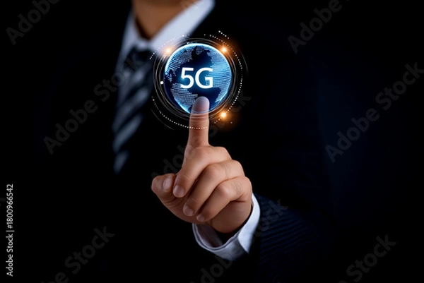 Fototapeta A businessman interacts with a digital 5G icon, symbolizing advanced technology and connectivity in a modern world.