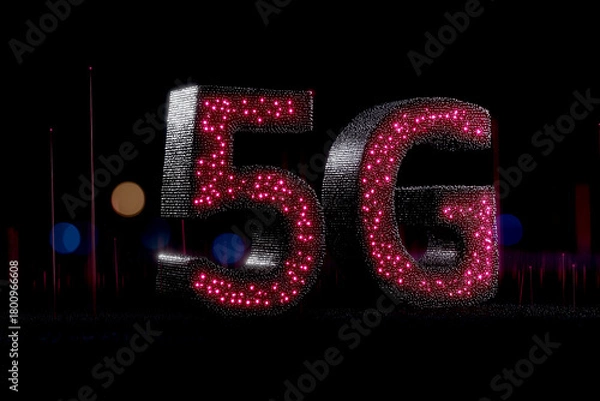 Fototapeta A vibrant depiction of "5G" illuminated against a dark backdrop, emphasizing the futuristic technology and connectivity associated with fifth-generation mobile networks.