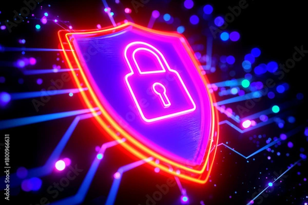 Fototapeta A vibrant digital illustration featuring a shield with a padlock, symbolizing cybersecurity and protection against online threats.