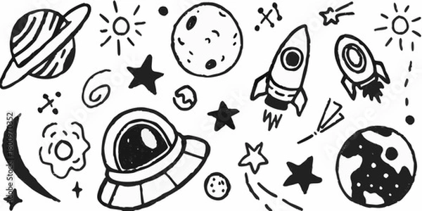 Fototapeta Whimsical hand drawn space doodle elements featuring planets rockets stars and astronaut helmet