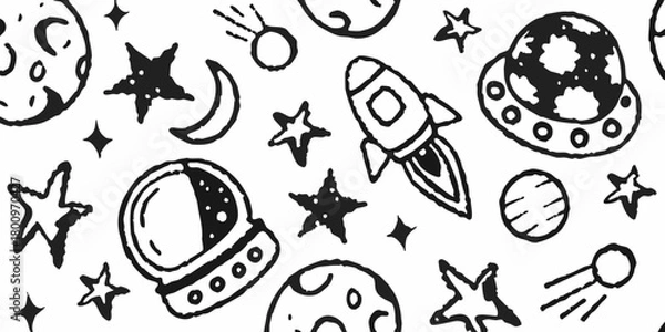 Obraz Whimsical hand drawn space pattern featuring rockets planets moons stars and astronaut helmet