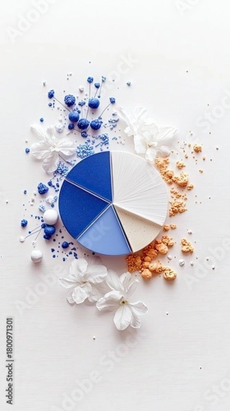 Fototapeta A vibrant composition featuring a pie chart divided into sections of blue, white, and beige, surrounded by scattered blue and orange pigments, small white berri