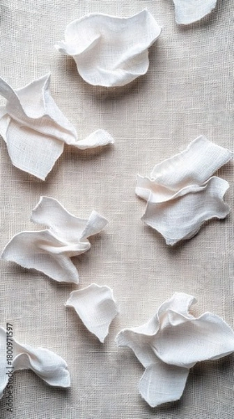 Fototapeta Several small, crumpled pieces of white fabric are artfully arranged on a textured beige surface, creating an abstract composition.