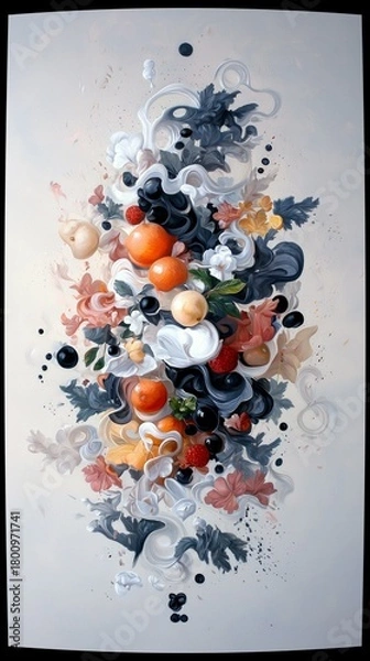 Fototapeta A vibrant, abstract composition featuring a cluster of fruits like oranges and berries intertwined with swirling organic shapes and floral elements.