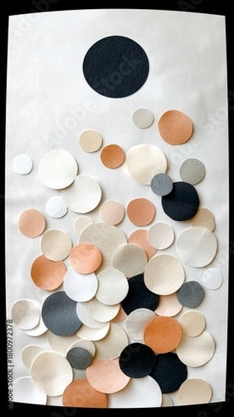 Fototapeta A collection of circular paper cutouts in various sizes and neutral colors are arranged on a white surface.