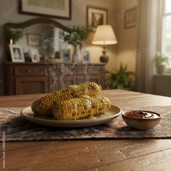 Obraz Delicious grilled corn on the cob, richly buttered and steaming, served on a rustic wooden table in a cozy, inviting home setting, perfect for a comforting meal