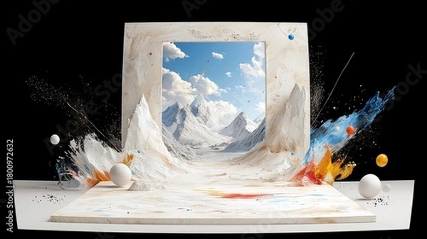Fototapeta An abstract composition features a frame opening to a snowy mountain vista, surrounded by dynamic paint splatters and spheres.