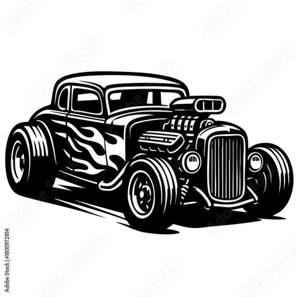 Fototapeta 1950s-style hot rod with big rear tires and open headers, low front angle