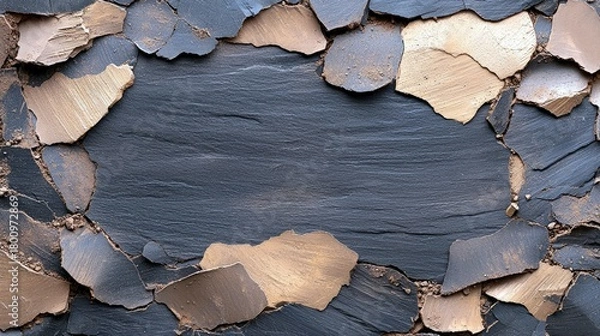 Fototapeta A textured background composed of broken pieces of dark slate and golden rock, with a central area of smooth slate.
