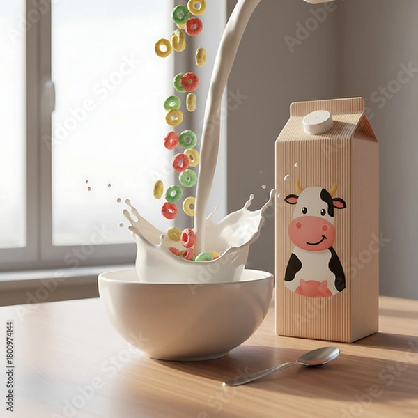 Obraz Cereal and Milk Pour A Delightful Splash in a Bowl, Perfect for Breakfast or Snacking