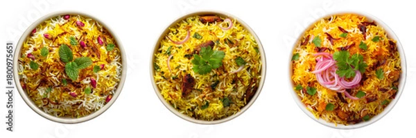 Fototapeta Three bowls of yellow rice dish with garnishes of mint and onion isolated on a transparent background