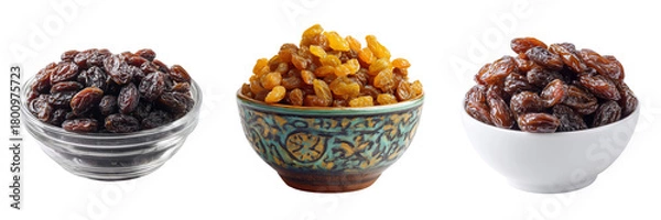 Fototapeta Three bowls of raisins dark golden and brown dried grapes isolated on a transparent background fruit