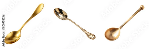 Fototapeta Three antique metal spoons with ornate handles and polished bowls isolated on a transparent background