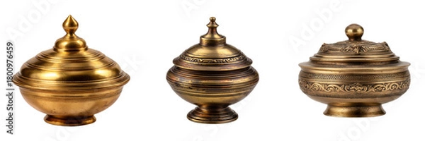 Fototapeta Three antique brass decorative bowls with lids and ornate detailing isolated on a transparent background