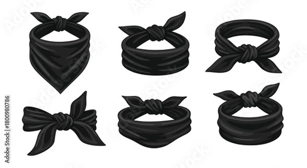Fototapeta A collection of six distinct black bandana styles, showcasing various ways to tie and wear this versatile fashion accessory for different looks.