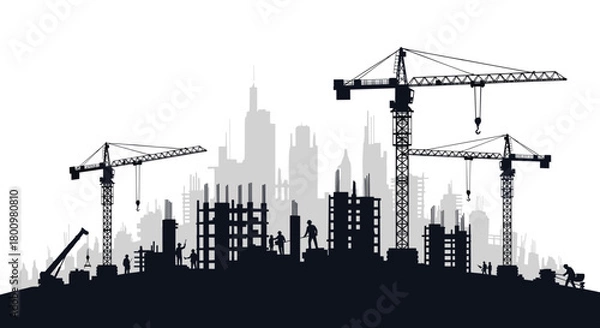 Fototapeta A silhouette of a bustling urban construction site with multiple tower cranes and workers building new structures under a clear sky.