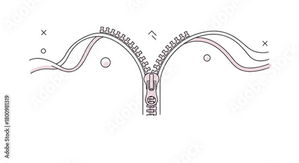 Fototapeta A minimalist line art illustration featuring an open zipper forming two elegant arches, with subtle pink accents and abstract shapes on a white canvas.