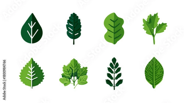 Obraz Diverse green leaf icons set. Flat design vector illustrations symbolizing nature, growth, ecology, and organic themes.