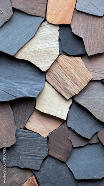 Fototapeta A textured background composed of irregularly shaped pieces of stone and wood, fitted together like a mosaic.