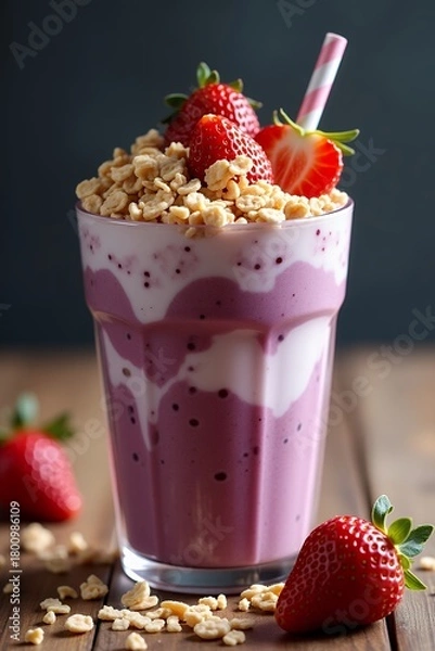 Fototapeta A fresh strawberry smoothie layered with creamy yogurt and topped with crunchy granola, a nutritious and delicious beverage for boosting energy and promoting wellness
