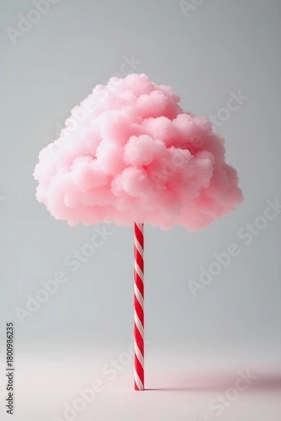 Obraz Pink cotton candy on a red and white striped straw.
