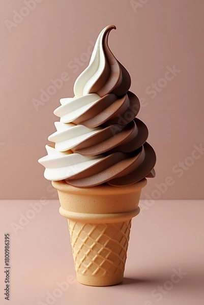 Fototapeta A delightful swirl of vanilla and chocolate soft serve ice cream in a waffle cone, presented against a plain pastel background