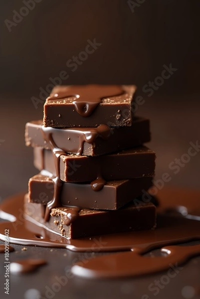 Fototapeta Stacked chocolate squares with melted chocolate dripping down delicious dessert.